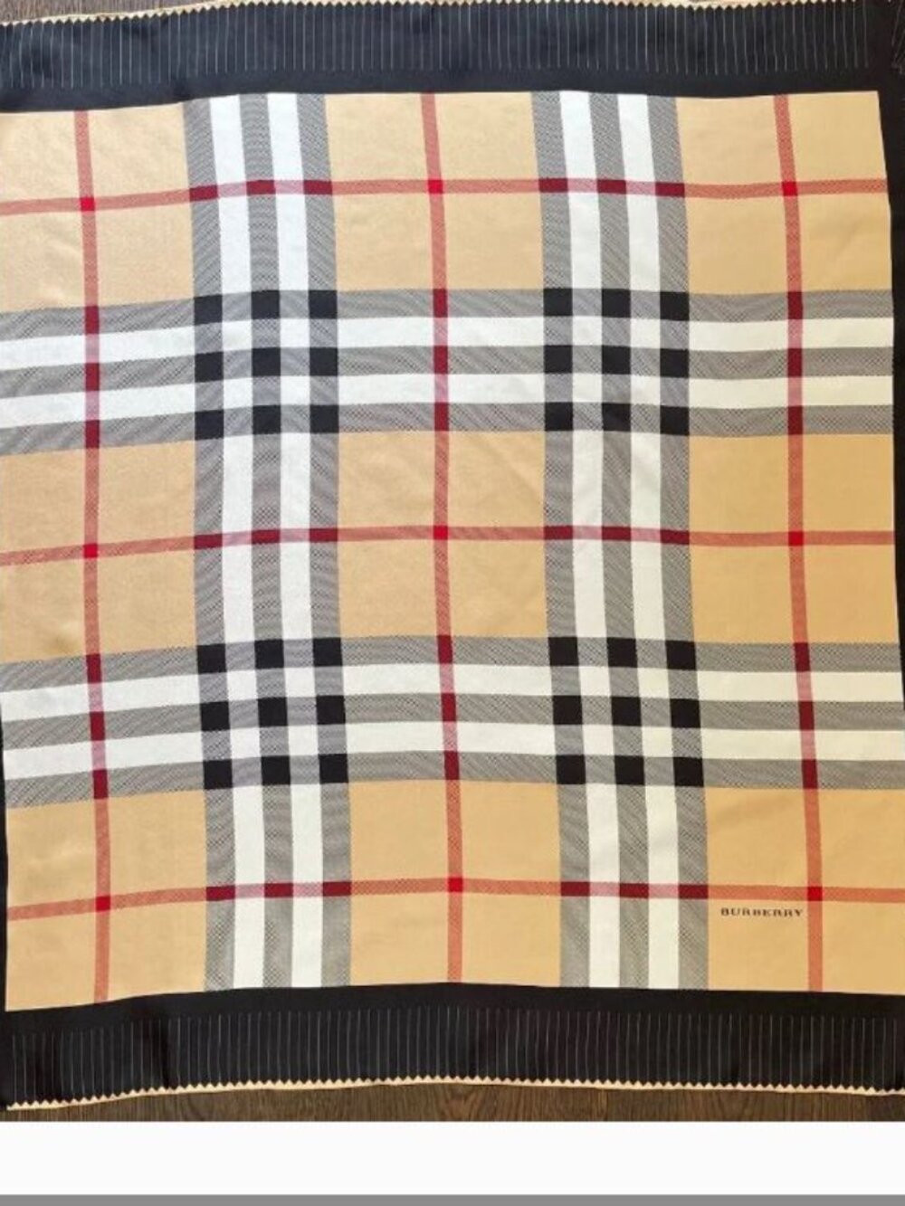 NWT Burberry Scarf Iconic Beige Check Black Border Logo Silk Wrap - Picture 7 of 10